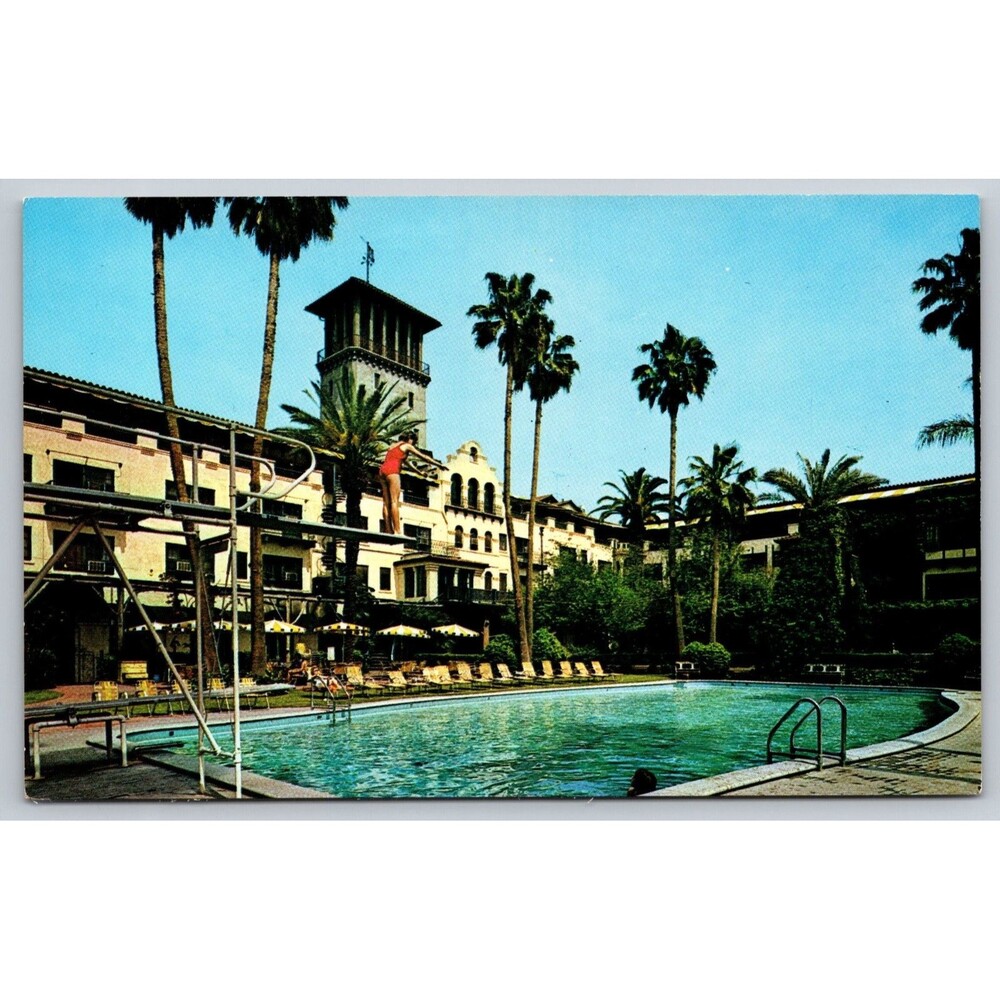 Vintage Postcard Mission Inn Riverside CA Swimming Pool Patio Bell Tower Chrome